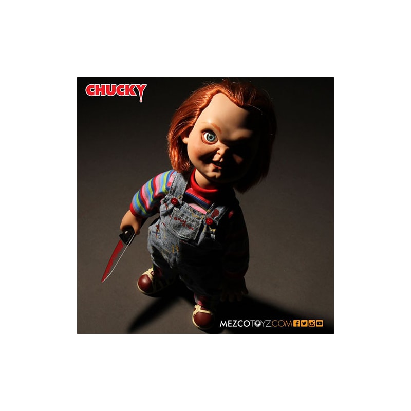 Child's Play Mezco - 15 Inch Mega Sneering Chucky Met Geluid - Good Guy Pop