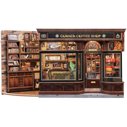 Kit de Montar Corner Coffee Shop Book Nook Diorama para prateleira - Hands Craft Cutebee
