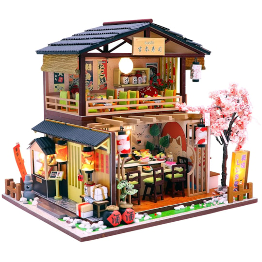 Kit de Montar Gibbon Sushi House Book Nook Diorama para prateleira - Hands Craft Hongda