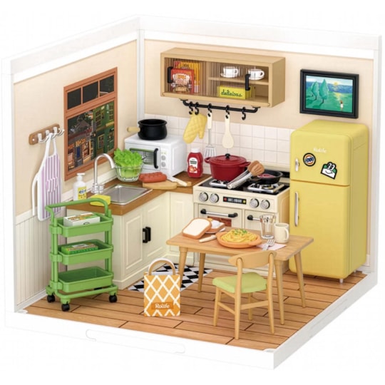 Kit de Montar Happy Meals Kitchen Book Nook Diorama para prateleira Hands Craft Rolife