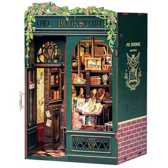 Kit de Montar Owl Bookstore Book Nook - Diorama para prateleira - Hands Craft